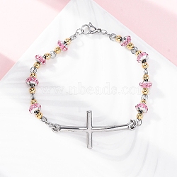 201 Stainless Steel Link Chain Bracelets, with 304 Stainless Steel Clasps and Polymer Clay Rhinestones for Women, Cross, Rose, 8-1/4~8-1/2 inch(20.9~21.7cm)(BJEW-A032-02GP-01)