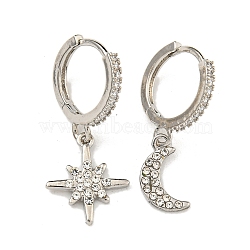 Clear Cubic Zirconia Star & Moon Asymmetrical Earrings, Brass Dangle Hoop Earrings for Women, Platinum, 29~33x17.5x2mm(MOST-PW0001-064P)