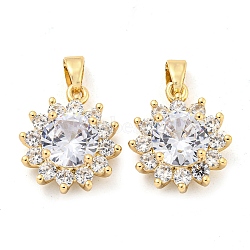 Brass Micro Pave Clear Cubic Zirconia Pendants, Flower, Light Gold, 16.5x14.5x6.5mm, Hole: 5x3mm(FIND-Z044-10KCG)