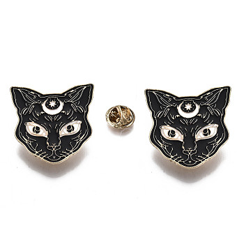Alloy Brooches, Enamel Pin, with Brass Butterfly Clutches, Cat Shape, Light Gold, Black, 37x37.5x2mm, Pin: 1mm