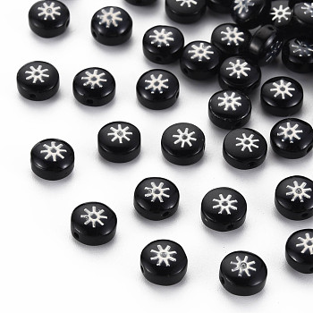 Handmade Normal Lampwork Beads, with Platinum Plated Brass Metal Embellishments, Flat Round with Sun, Black, 8x5mm, Hole: 0.8mm