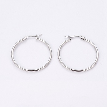 304 Stainless Steel Hoop Earrings, Ring, Stainless Steel Color, 34x2mm, Pin: 1x0.6mm, Inner Diameter: 30mm