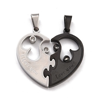 Titanium Steel Couple Pendants, Split Pendants, with Crystal Rhinestone, for Valentine's Day, Heart with Word, Electrophoresis Black & Stainless Steel Color, 30.5x32x2.5mm, Hole: 7x3.5mm