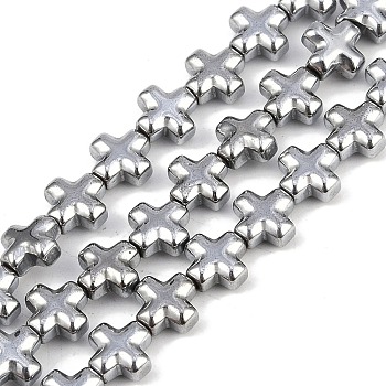 Electroplated Synthetic Non-magnetic Hematite Beads Strands, Cross, Platinum Plated, 6x6x3mm, Hole: 0.7mm, about 66pcs/strand, 15.75''(40cm)