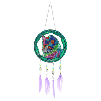 DIY Diamond Painting Web with Feather Wind Chime Kits, Including Resin Rhinestones, Diamond Sticky Pen, Tray Plate and Glue Clay, Cat Pattern, 330mm