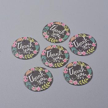 Paper Gift Tags, Hange Tags, For Arts and Crafts, Thanksgiving, Round with Flower and Word Thank You Pattern, Black, 30x0.4mm, Hole: 3mm