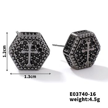 Chic Brass Cubic Zirconia Stud Earrings, Fashionable and Versatile Accessories, Hexagon, Black, 12x13mm