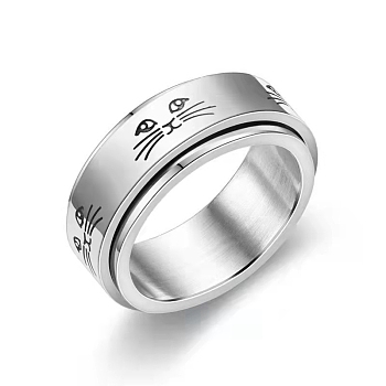 Stainless Steel Rotating Finger Ring, Fidget Spinner Ring for Calming Worry Meditation, Cat Shape, US Size 10(19.8mm)