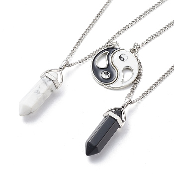 2Pcs 2 Style Natural Howlite & Black Obsidian Bullet Pendant Necklaces Set, Alloy Enamel Yin Yang Matching Couple Necklaces for Men Women, 17.87 inch(45.4cm), 1Pc/style