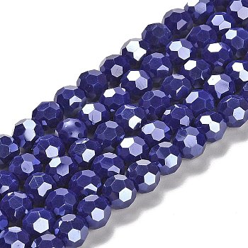 Electroplate Opaque Glass Beads Strands, Faceted(32 Facets), Pearl Luster Plated, Round, Dark Slate Blue, 8mm, Hole: 1mm, about 66~69pcs/strand, 19.29~19.57 inch(49~49.7cm)