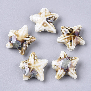 Handmade Porcelain Beads, Fancy Antique Glazed Porcelain, Starfish/Sea Stars, Linen, 19~20x20.5~22.5x7.5~8.5mm, Hole: 2mm