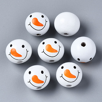 Painted Natural Wood European Beads, Large Hole Beads, Printed, Round, White, 20x18mm, Hole: 4mm