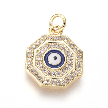 Brass Micro Pave Cubic Zirconia Pendants, with Enamel, Eight Trigrams with Evil Eyes, Clear, Golden, 17x14x3.5mm, Hole: 3.5mm