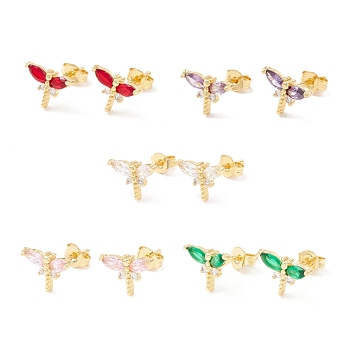 Brass Micro Pave Cubic Zirconia Stud Earring, Real 18K Gold Plated, Dragonfly, Mixed Color, 7.5x10mm, Pin: 1mm