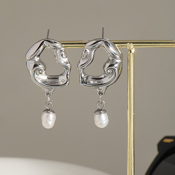 Stainless Steel Freshwater Pearl Teardropr Dangle Stud Earrings, Silver, 39.2x17.9mm