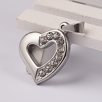 Heart 304 Stainless Steel Rhinestone Pendants, Stainless Steel Color, 24x20x2mm, Hole: 7x4mm
