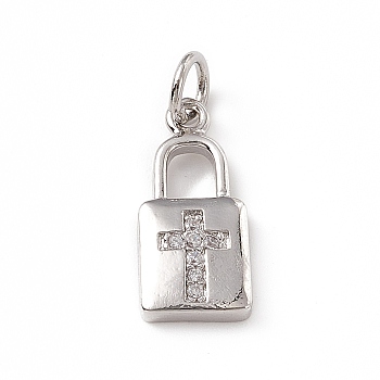 Brass Micro Pave Cubic Zirconia Pendants, with Jump Ring, Lock with Religion Cross Charm, Platinum, 16.5x7x2mm, Hole: 3mm