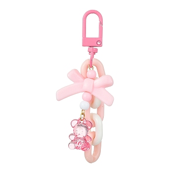 Bowknot & Bear Acrylic Pendant Decorations, with Alloy Swivel Snap Hooks Clasps, for Bag Ornaments, Pink, 89mm, Pendants: 50~61x14~34x4mm