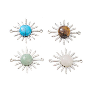 Mixed Gemstone Connector Charms, with Platinum Plated Brass Sun Links, Long-Lasting Plated, 22.5x27x5.5mm, Hole: 0.7mm