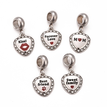 304 Stainless Steel European Dangle Charms, Large Hole Pendants, with Black & Dark Red Enamel and Crystal Rhinestone, Heart with Word, Stainless Steel Color, 23.5mm, Hole: 4.5mm