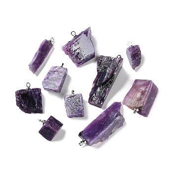 Grade 5A Natural Charoite Pendants, Nuggets Charms with Platinum Plated Brass Pendant Bails, 12.5~37.5x4~20x4~19mm, Hole: 1.6mm