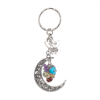 Moon & Angel Alloy Pendant Keychain, 7 Chakra Gemstone Chip Pendant Keychain, Antique Silver, 9cm