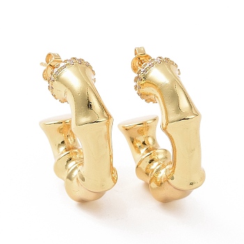 Clear Cubic Zirconia Bamboo Stick Stud Earrings, Brass Half Hoop Earrings for Women, Golden, 30x9x9mm, Pin: 0.7mm