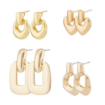 4 Pairs 4 Style Brass & Alloy Geometry Dangle Stud Earrings for Women, Heart & Teardrop & Rectangle & Ring, Golden, 21.5~41x17.5~25mm, 1 Pair/style