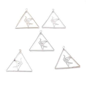 Alloy Hollow Pendants, Triangle with Paper Crane, Platinum, 29x30x1.5mm, Hole: 1.8mm