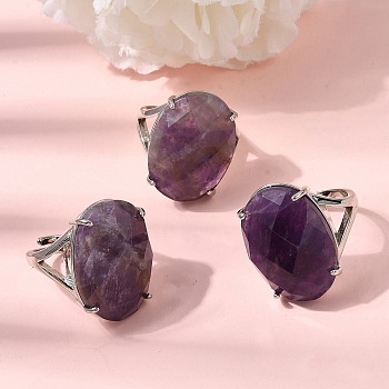 Natural Amethyst Finger Rings, Brass Rings, Faceted Egg, Rack Plating, 19mm