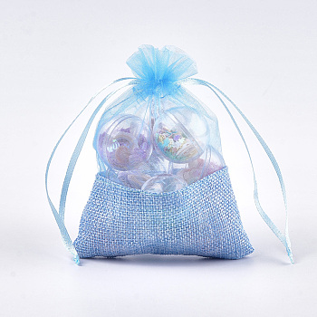Organza Bags, with Burlap Cloth, Drawstring Bags, Rectangle, Cornflower Blue, 17~18x12.4~13cm