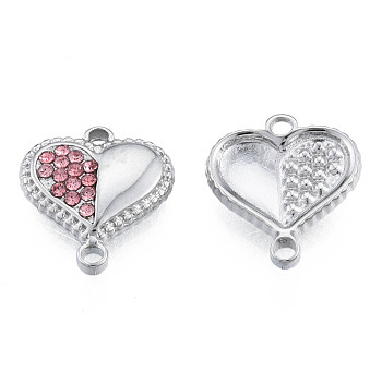 304 Stainless Steel Connector Charms, with Light Rose Rhinestone, Heart, Stainless Steel Color, 14x13x3mm, Hole: 1.2mm & 1.6mm