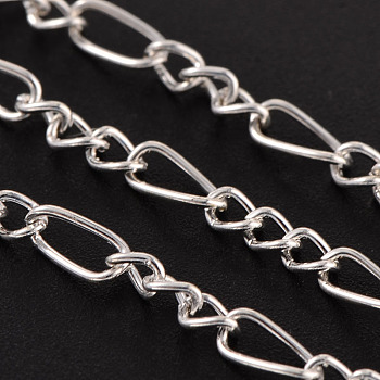 Iron Handmade Chains Figaro Chains Mother-Son Chains, Unwelded, with Spool, Silver Color Plated, Mother Link: 3x7mm, 1mm thick, Son Link: 2.5x4mm, 0.63mm thick, about 32.8 Feet(10m)/roll