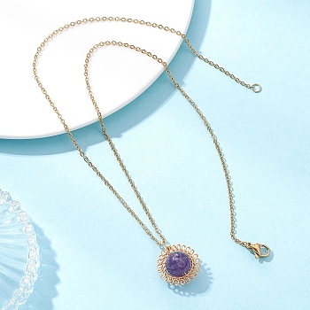 Natural Amethyst Copper Wire Wrapped Flower Pendant 304 Stainless Steel Cable Chain Necklaces for Women, Golden, 17.68 inch(44.9cm)