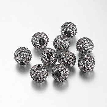 Brass Cubic Zirconia Beads, Round, Gunmetal, 12mm, Hole: 2mm