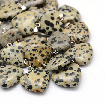 Heart Natural Dalmatian Jasper Pendants, with Platinum Tone Brass Findings, 20~22x20~21x5~8mm, Hole: 2x7mm