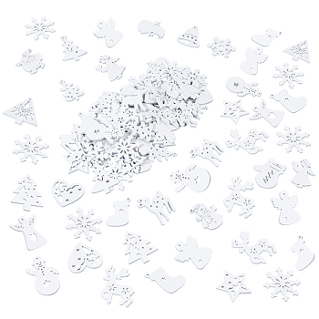 100Pcs 2 Styles Spray Painted Natural Poplar Wood Pendants, Christmas Charm, Christmas Sock & Reindeer & Angel & Snowflake, Mixed Shapes, White, 27~37.5x21.5~30.5x2.5mm, Hole: 0.9~2.5mm, 50pcs/style