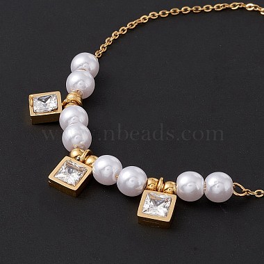 Square Cubic Zirconia Charm Bracelet with Acrylic Pearl(BJEW-F396-20G-01)-3