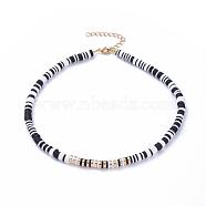 Handmade Polymer Clay Heishi Beaded Necklaces, with Brass Beads, Non-magnetic Synthetic Hematite Beads and 304 Stainless Steel Lobster Claw Clasps, Black, 14.96 inch(38cm)(NJEW-JN02890-02)