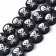 Handmade Polymer Clay Bead Strands, Halloween Style, Flat Round with Skull, Black, 9x4mm, Hole: 1.2mm, about 40pcs/strand, 14.96 inch(38cm)(X-CLAY-S096-034)