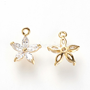 Brass Cubic Zirconia Charms, Nickel Free, Real 18K Gold Plated, Flower, 11x9x3mm, Hole: 1mm(X-KK-Q669-28G)