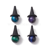 4Pcs 4 Colors Natural Tiger Eye Dyed Pendants, Round Charms with Black Alloy Witch Hat, Mixed Color, 19x11x11mm, Hole: 2mm, 1pc/color(PALLOY-TA00116)