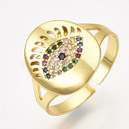 Brass Micro Pave Cubic Zirconia Cuff Rings, Open Rings, Oval with Eye, Colorful, Size 9, 19mm(RJEW-S044-031)
