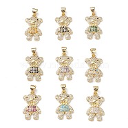 Brass Micro Pave Cubic Zirconia Pendants, Real 16K Gold Plated, Bear Charms, Mixed Color, 21.5x13x3mm, Hole: 5x3.5mm.(KK-M240-11)