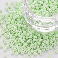 8/0 Opaque Glass Seed Beads, Round Hole, Frosted Colours, Round, Light Green, 3~4x2~3mm, Hole: 0.8mm, about 15000pcs/Pound(SEED-S048-N-009)