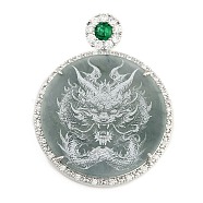 Natural Jadeite Carved Flat Round Pendants, Dragon Charms with Rhodium Plated 925 Sterling Silver Snap on Bails, 39.5x31x5mm, Hole: 6.5x3mm(G-F768-04)