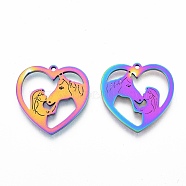 201 Stainless Steel Pendants, Heart with Girl & Horse, Rainbow Color, 24.5x25x1.5mm, Hole: 1.5mm(STAS-N098-118M)