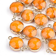 Electroplate Glass Links connectors, with Iron Findings, Faceted, Flat Round, Golden, Dark Orange, 22x14x8mm, Hole: 1.5mm(GLAA-S130-04H)