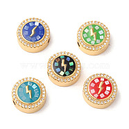 Brass Micro Pave Cubic Zirconia Beads, with Enamel & Shell, Long-Lasting Plated, Lead Free & Cadmium Free, Real 18K Gold Plated, Flat Round with Lightning, Mixed Color, 12x5.5mm, Hole: 2mm(KK-K385-002G)