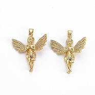 Brass Micro Pave Clear Cubic Zirconia Pendants, Nickel Free, Angel, Real 16K Gold Plated, 32.5x28.5x7mm, Hole: 3x5mm(ZIRC-Q200-042-NF)